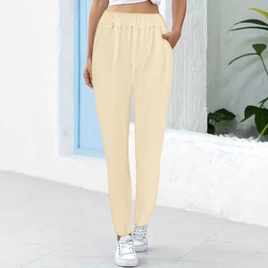 Women's beige high waist jogger pants with elastic drawstring waist and side pockets