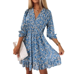 Bohemian blue floral V-neck dress with short sleeves and elastic waist for women