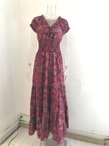 Detail of ruffled V-neckline and waist smocking on a burgundy paisley maxi dress