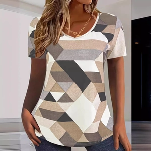 T-shirt da donna a maniche corte girocollo con stampa geometrica a blocchi terra