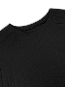 Detail of classic crew neck and ribbed texture on this long sleeve black knit sweater