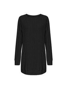 Detail of black ribbed knit tunic featuring crew neck and seamless raglan sleeve structure