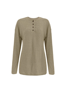Detail of light olive rib-knit long sleeve Henley shirt with decorative brown buttons