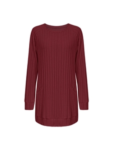 Detail of burgundy ribbed knit tunic featuring front pockets and soft raglan sleeves