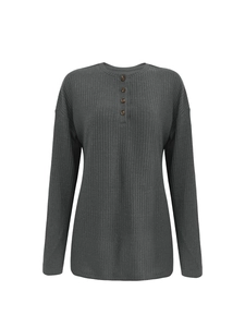 Detail of dark grey ribbed knit henley sweater with four brown buttons and drop shoulders