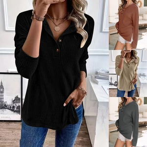 Women's long sleeve ribbed knit cardigan hoodie with v-neck buttons in multiple colors