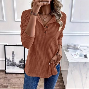 Women Casual Rabbit Hair Ribbed Knit Sweater Henley Neck Long Sleeve Top Loose Button Pullover Pullover Clothing