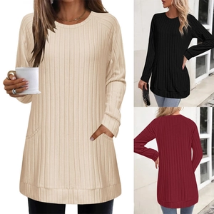 Women's Casual Ribbed Knit Longline Sweater Round Neck Long Sleeve Pullover Tunic Top With Pockets Solid Color Autumn Winter Comfort Apparel