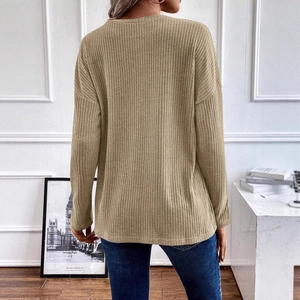 Women's oversized khaki ribbed knit sweater featuring a loose casual long sleeve design