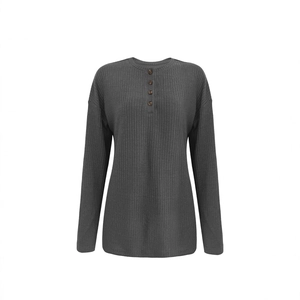 Women's charcoal grey ribbed knit sweater with henley collar and long sleeves