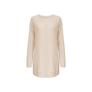 Loose knit oatmeal long sleeve shirt with vertical stripes and front pockets for women