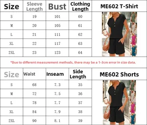 Tableau des tailles détaillé pour ensemble d'été femme t-shirt et short du S au 2XL