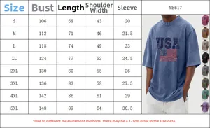 Size guide table for men vintage flag print t-shirt showing S to 5XL measurements