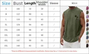 Size chart for men's vintage cotton tank top showing S to 5XL measurements and dimensions