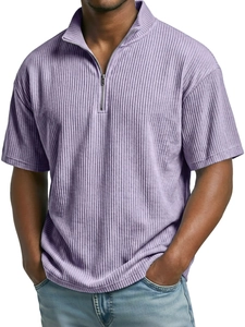 Detail view of men's lavender corduroy polo shirt featuring a modern half-zip collar design