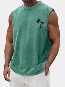 Detail of vintage washed teal cotton tank top with black palm tree print on chest