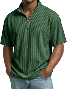 Detail shot of men's dark green ribbed polo shirt featuring a metal half-zip neck