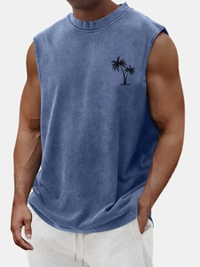 Detail of blue acid wash cotton tank top featuring a black palm tree chest print