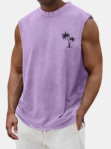 Detailed close-up of a men's vintage washed lavender tank top with palm tree chest print