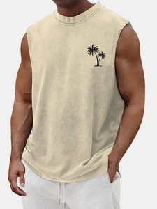 Close-up of palm tree print and vintage washed texture on men's cotton tank top