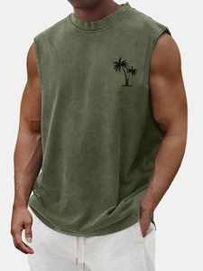 Detail of olive green washed cotton tank top featuring a black palm tree print on the chest