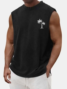 Detail of cotton tank top featuring a white palm tree print on the chest area