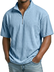 Detail of light blue corduroy Polo shirt with a quarter-zip neckline and ribbed texture