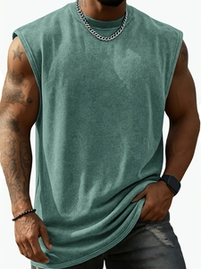Détail du débardeur homme en coton épais vert délavé vintage de coupe ample