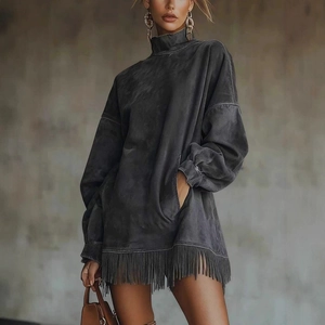 Oversized high neck suede dress with long fringe hem and functional side pockets