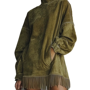 Army green high neck loose suede dress featuring long sleeves and stylish fringe hem detail