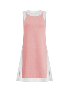 Detail view of the side slit and layered contrast design on this pink sleeveless tunic dress