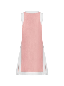 Detail of contrast stitching and side slit on the pink and white sleeveless dress