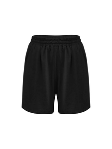 Detail view of black high-waisted casual shorts with elastic waistband and side pockets