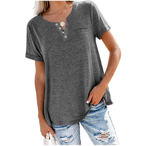 Women's casual dark grey V-neck Henley T-shirt with short sleeves and chest pocket detail