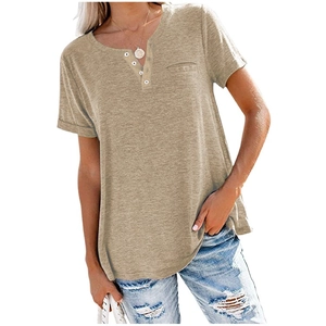Khaki women's short sleeve V-neck t-shirt with functional buttons and chest pocket