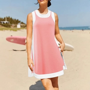 Women's sleeveless A-line beach dress with pink and white color block design and round neck