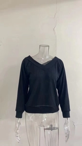 Detail of V-neckline and ribbed knit texture on a long-sleeve black women sweater