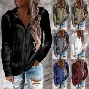 Felpa Casual da Donna in Maglia a Costine con Cerniera Tinta Unita Patchwork a Maniche Lunghe con Cappuccio