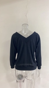 Detail view of the black rib-knit texture and V-neck design on the back of this sweater