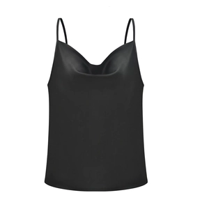 Elegant black silk camisole with thin straps and a draped cowl neck for women