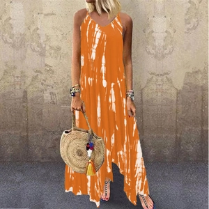 Detail of V-neck tie-dye maxi dress featuring thin straps and asymmetric split hem