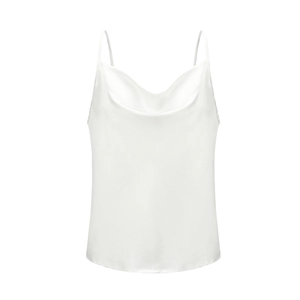 Elegant white satin camisole top with thin straps and cowl neck for summer wear