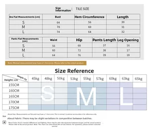 Detailed size chart for women's sports set showing bra and shorts measurements