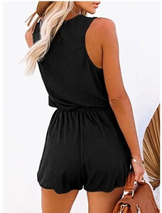 Back view of a black sleeveless romper with elastic waist and textured fabric for summer