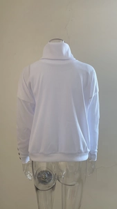 Close-up of white ribbed knit sweater back showing vertical texture and high neck detail