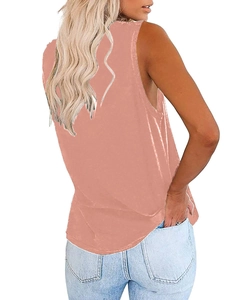 Back view of a casual peach pink V-neck tank top with wide straps and comfortable fit