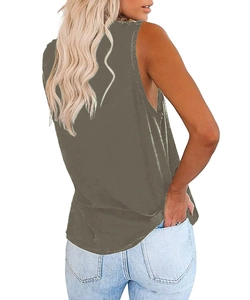 Side-back view of olive green V-neck sleeveless tank top with loose fit on model