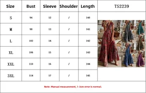 Size guide table for Bohemian long dress showing bust and length measurements from S to 3XL