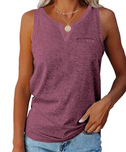 Close-up of V-neckline with pocket detail on women's heather purple sleeveless top
