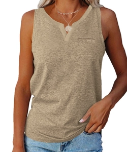 Detail of khaki V-neck tank top featuring a chest pocket and soft textured fabric